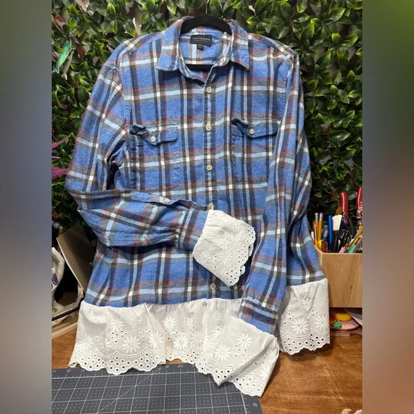 Plaid Button-Front Shirt with Eyelet Hem - Picture 3 of 3